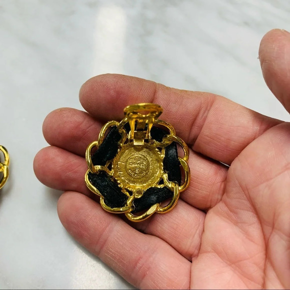 Chanel Costume Gold Clip On Earrings with Leather - Picture 3 of 7